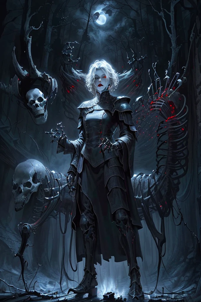 a dark and eerie night landscape, a haunting and foreboding atmosphere, dead trees, cracked earth, glowing red moon, ominous clouds, decaying, skeletal figures, horror, macabre, sinister, (masterpiece, top quality, best quality, ((no humans)), scenery, red theme, night)