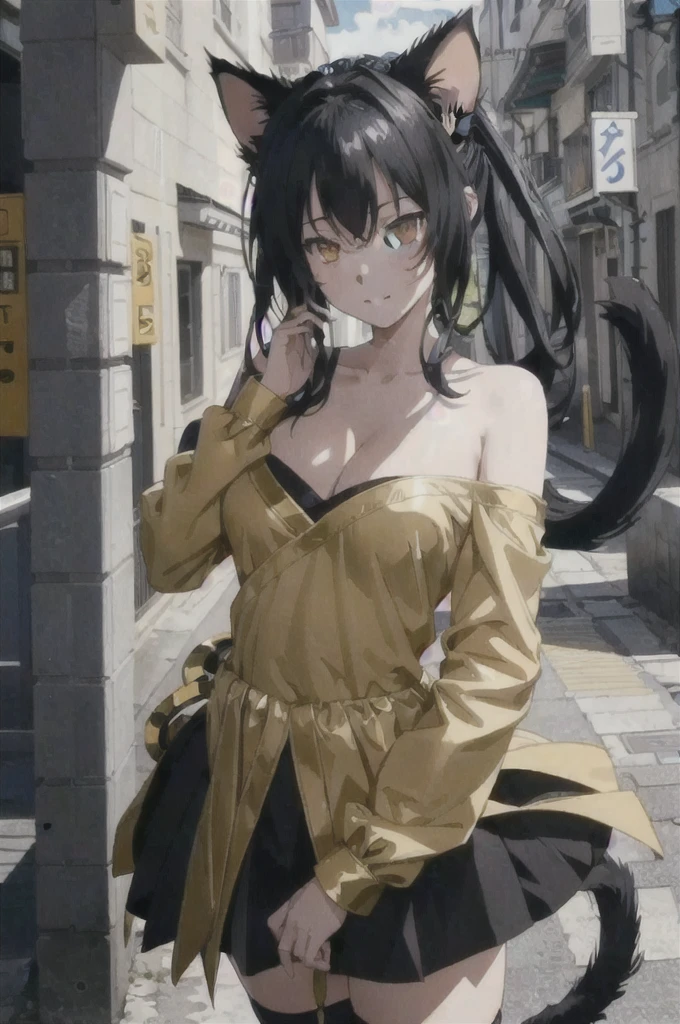 (extremely detailed CG unity 8k wallpaper),(masterpiece),(best quality),(ultra-detailed),(best illustration),(best shadow),(absurdres),(detailed background), Kuroka Toujou, breasts, animal ears, tail, hair rings, 1 girl, cat ears, cat tail, large breasts,  black hair, yellow eyes, multiple tails, lipgloss, makeup, eye shadow, long hair, slit pupils, hairband, parted lips, looking at viewer,grown woman, seductive smile
