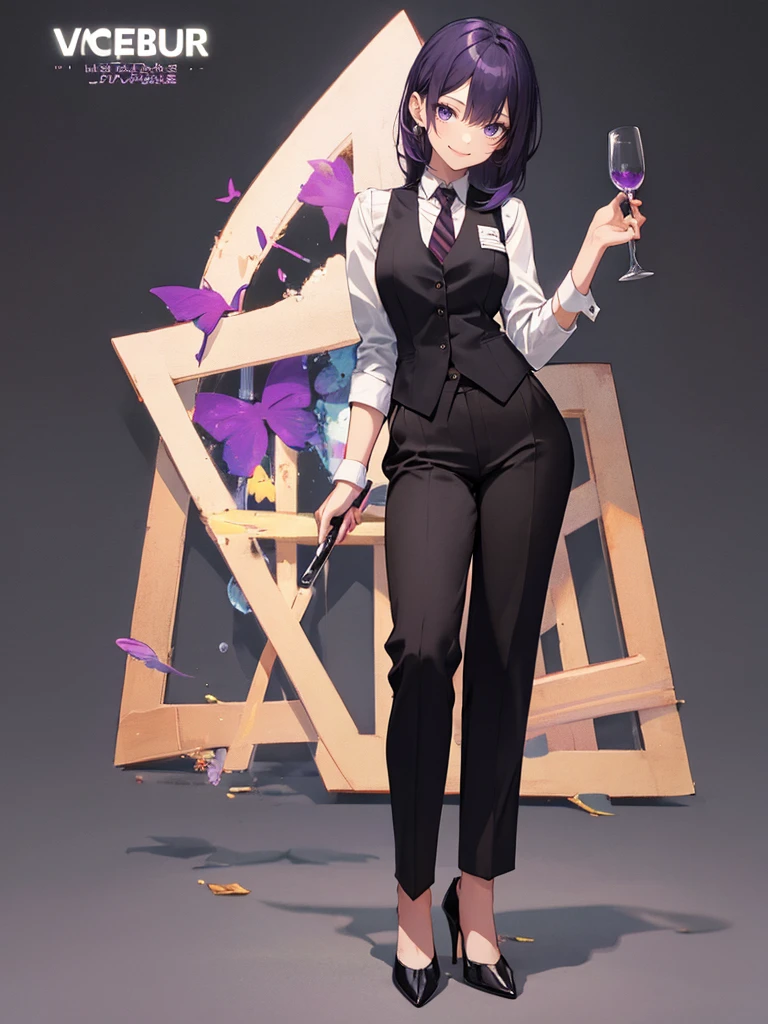 purple,High cut layered hair,woman,bartender,vest,shirt,tie,pants,high heels,all,simple background,smile,whole body,full body,full body,Standing picture,vtuber,upright,,look forward to,body facing forward
