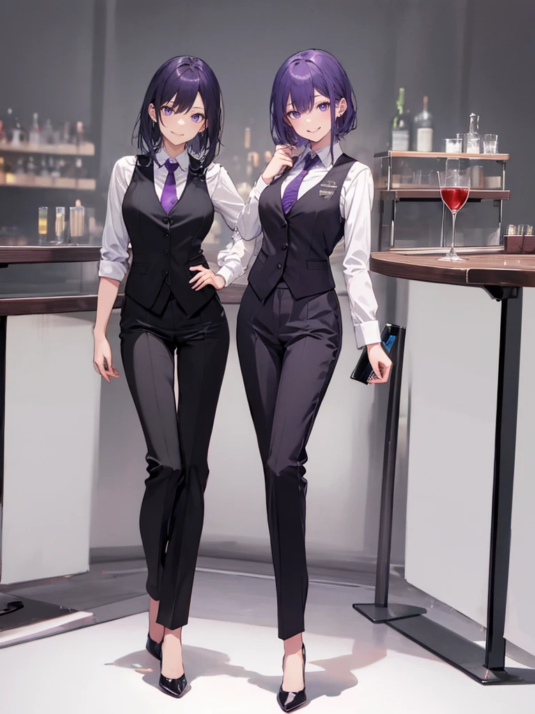 purple,High cut layered hair,woman,bartender,vest,shirt,tie,pants,high heels,all,simple background,smile,whole body,full body,full body,Standing picture,vtuber,upright,,look forward to,body facing forward