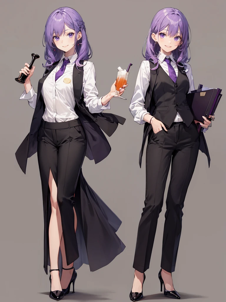 purple,High cut layered hair,woman,bartender,vest,shirt,tie,pants,high heels,all,simple background,smile,whole body,full body,full body,Standing picture,vtuber,upright,,look forward to,body facing forward