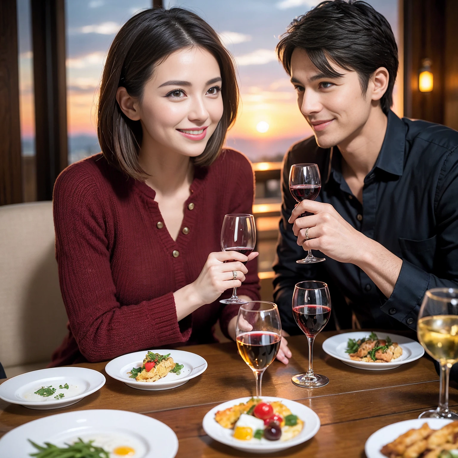 ((Highest quality、8K、masterpiece:1.3))、 (Ultra-realistic、 Genuine、Bright image、Intricate details:1.2), 最高のsmile、1 male 1 female、Beautiful couple、love love love、Roman Lovers、Good friends、actress couple、smile、Full-course dinner at a packed table、 (Slim face), (the body is slim), (Brown Hair), (short hair), テーブルのwine glass、Please shine a light on my face、 Amazing view of the sunset sky and clouds、 years old 39 years old, red wine 、Appetizers、Wine bottle、sparkling wine、Long sleeve shirt、dress、White wine, red wine, wine glass,