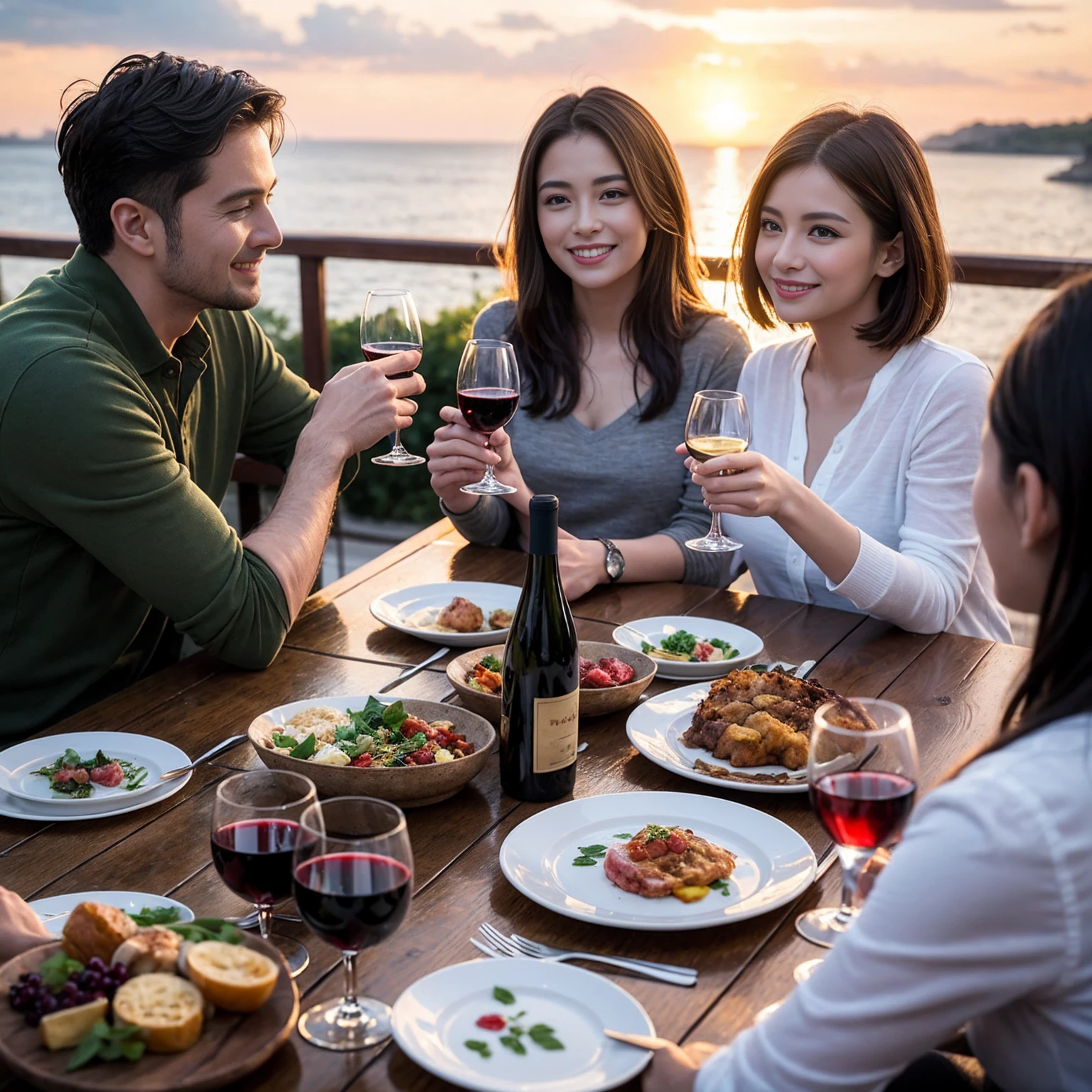 ((Highest quality、8K、masterpiece:1.3))、 (Ultra-realistic、 Genuine、Bright image、Intricate details:1.2), 最高のsmile、1 male 1 female、Beautiful couple、love love love、Roman Lovers、Good friends、actress couple、smile、Full-course dinner at a packed table、 (Slim face), (the body is slim), (Brown Hair), (short hair), テーブルのwine glass、Please shine a light on my face、 Amazing view of the sunset sky and clouds、 years old 39 years old, red wine 、Appetizers、Wine bottle、sparkling wine、Long sleeve shirt、dress、White wine, red wine, wine glass, 