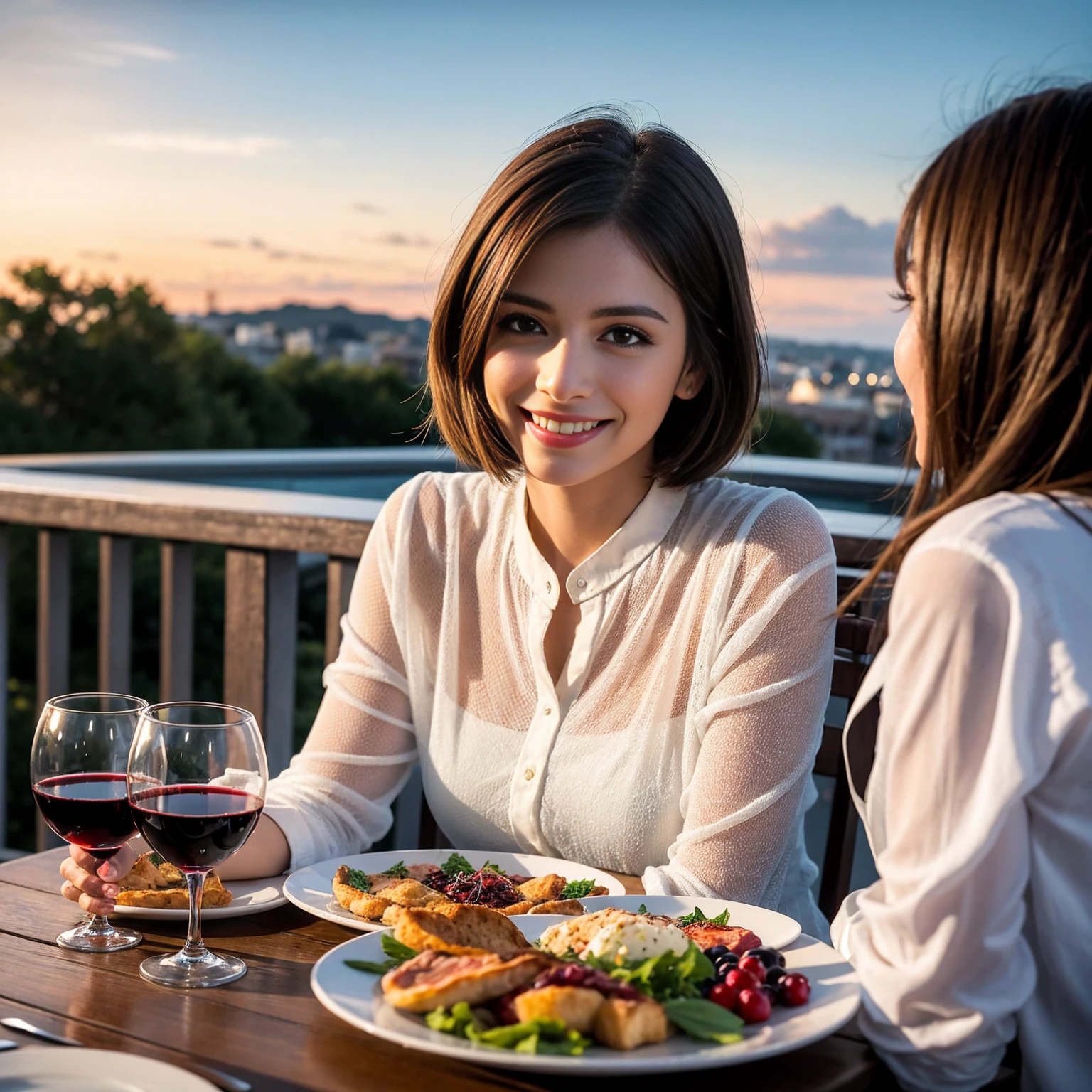 (Realistic:1.1),(masterpiece,Highest quality),8k,(40 years old), 42 years old, slimカップル、Model Couple、Actress/Actor、Tight waist,Upper Body,full-course dinner、wine 、Amazing view of the sunset sky and clouds、Perfect Anatomy, Brown Hair, Short Hair,Random Hairstyles,((Highly detailed face and eyes:1.2))(cute顔:1.4),Beautiful actress face,Perfect golden ratio face,Long sleeve shirt、dress,(smile:1.2)、Shortcuts、cute、(Realistic, Intricate details:1.2), A bright smile、short hair,Bright Face、赤wine 、Appetizers、Italian food、wine bottle、Champagne、スパークリングwine、(slimな顔), (The body is slim), (Brown Hair), (Shortcuts), Upper Body, 白wine, slim, wineグラス,