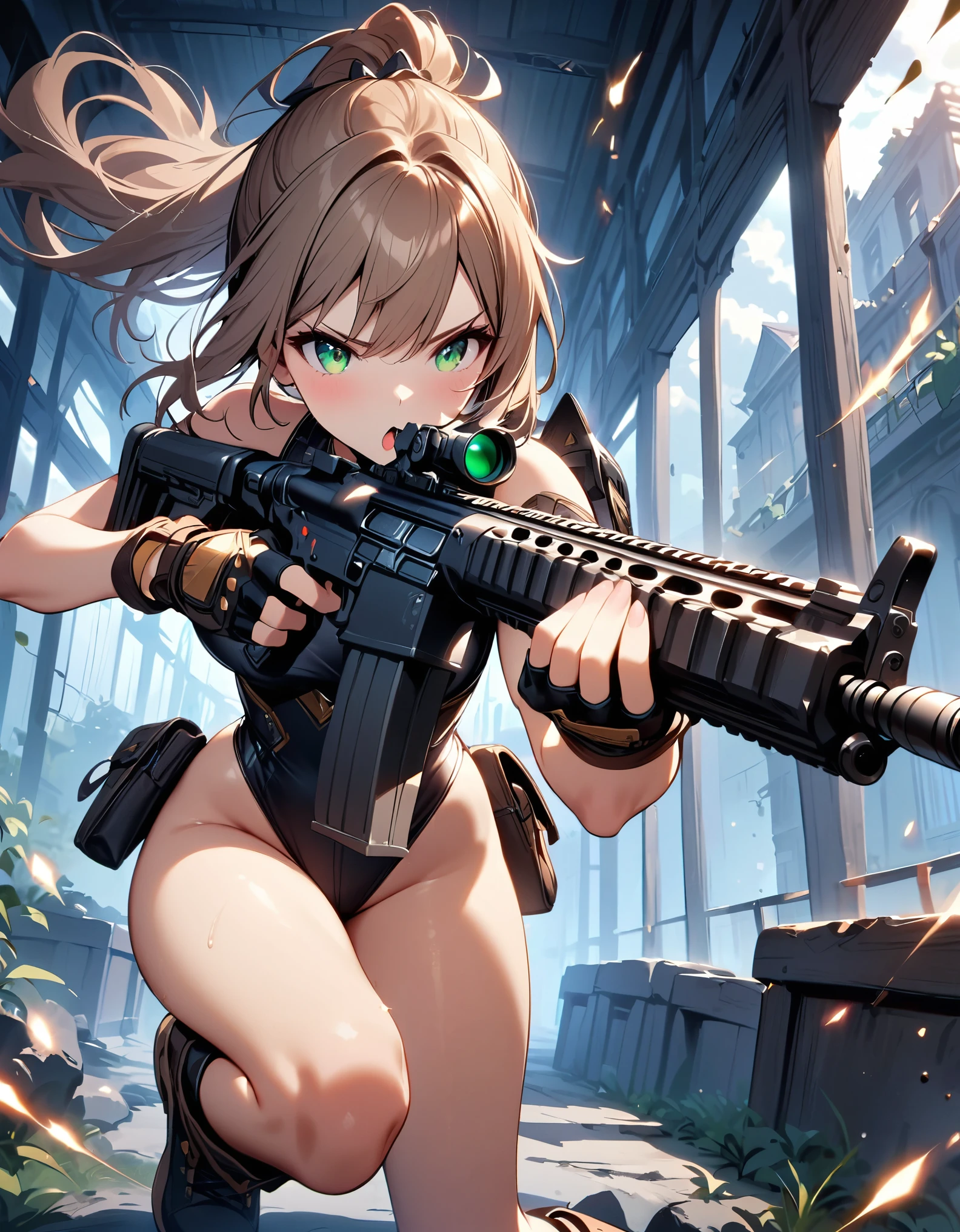 ((masterpiece,best quality anime,Highest quality:1.3)),realistic,cowboy shot,Mature Beauty,solo,1woman,((very small head:1.3)),ideal ratio body proportions,tan skin,brown hair,bangs,straight long hair,gorgeous eyes,brown eyes,(Black leotard bodysuit、A detailed depiction of a rifle being held in the hand),((slender body,skinny,toned body)),small breasts,sweat,gleaming skin,shiny skin,((Shoot a gun、Shooting stance)),((rooftop of high-rise building)),shinjuku、moonlight、at night、Modern Tokyo、