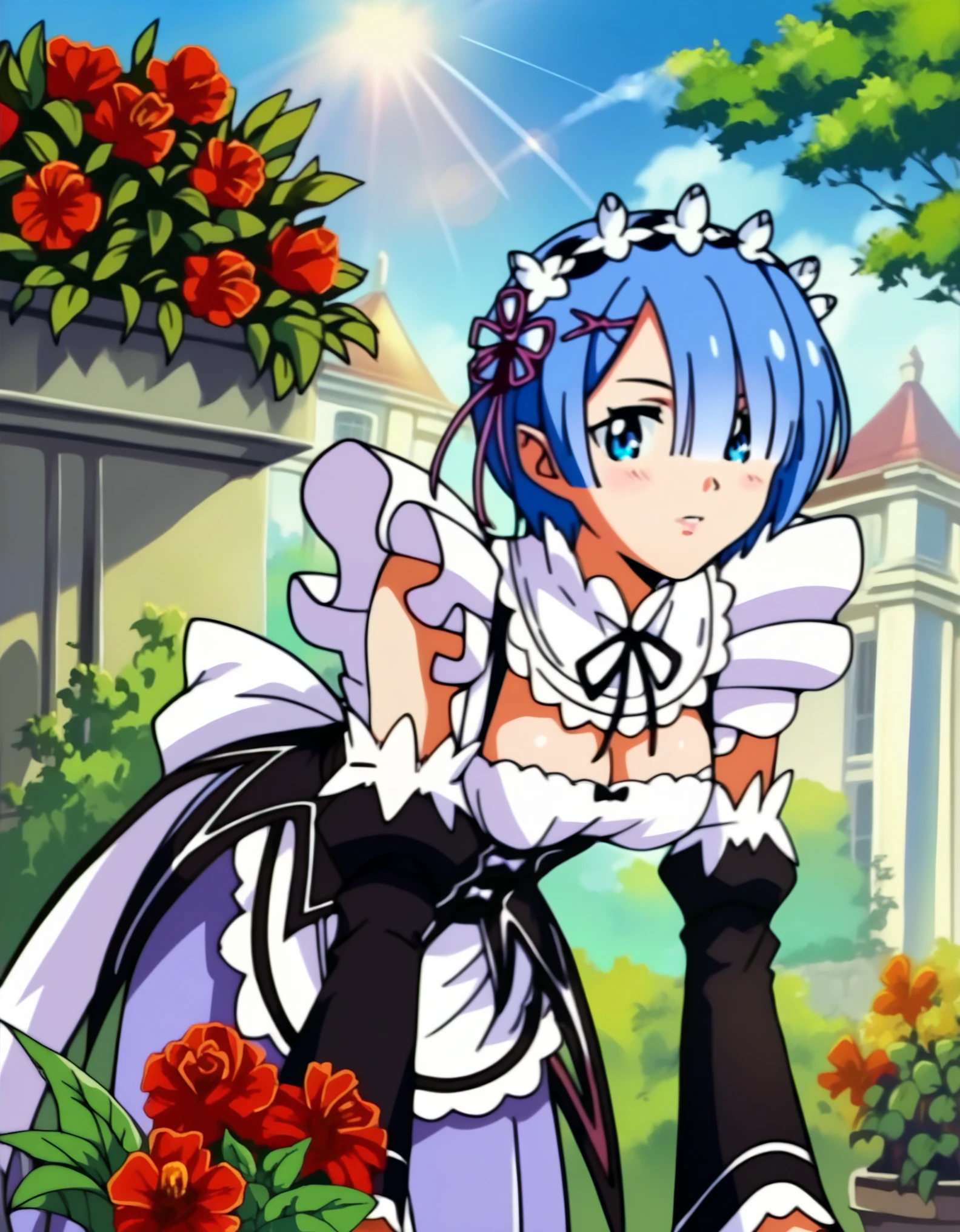 (score_9,score_8_up,score_7_up),source_anime,1990s anime,
1girl, rem \(re:zero\), re:zero kara hajimeru isekai seikatsu, blue hair, maid, maid headdress, outdoors, garden, looking at viewer, :3, leaning forward, solo focus, day, light rays,