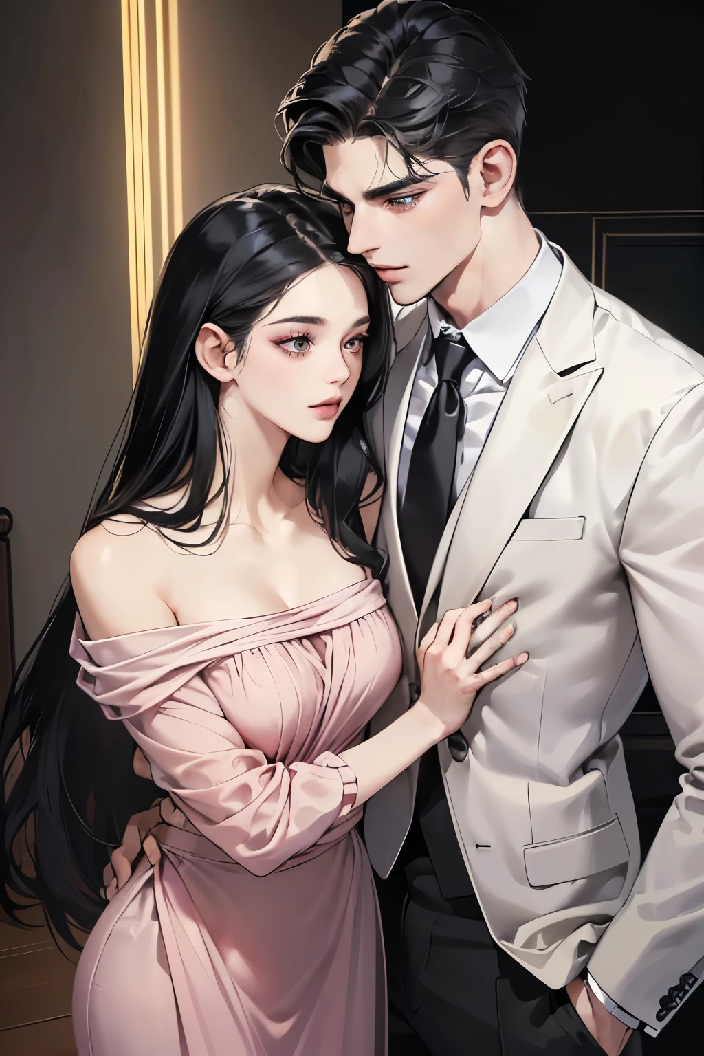 (Tabletop, Digital Art, Digital Illustration, 4K, 8K, Very detailed, Beautiful images, Clear images, Realistic, RAW Photos, Perfect Face, Perfect Lines, Perfect Eyes, Soft lighting) 1 female, (Long black hair,Straight hair,Bullish view,Beautiful woman,Man in suit,Apply makeup thoroughly,Girl,:1.3),secretary, Two handsome men in suits, (human,Man in suit,Muscular,Strong shoulder width, human,Boyish hairstyle,English gentleman;style,A man in his 30s with a cool expression,A 28-year-old man with a bright smile:1.2),Red sports car、drive、ride in a car、Couple,(1 boy, a boy is grabbing girl’s breasts from behind:1.3),Pink Rose