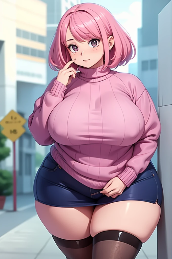 cute soft anime woman, sweet fluffy girlfriend, mature, , wearing a sweater, fat, wide , soft, fat, chubby, pink hair, tall, shy. pink sweater. 