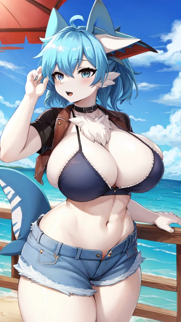 Shark girl, very sexy, big breasts, Denim short, white bra, shorts
