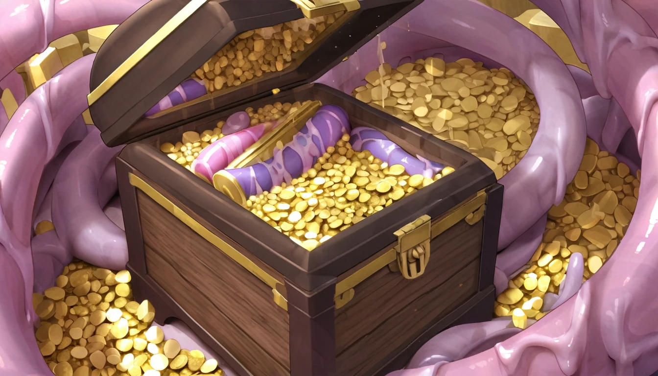 pink and purple tentacles extend from inside a treasure chest filled with gold and silver treasures.