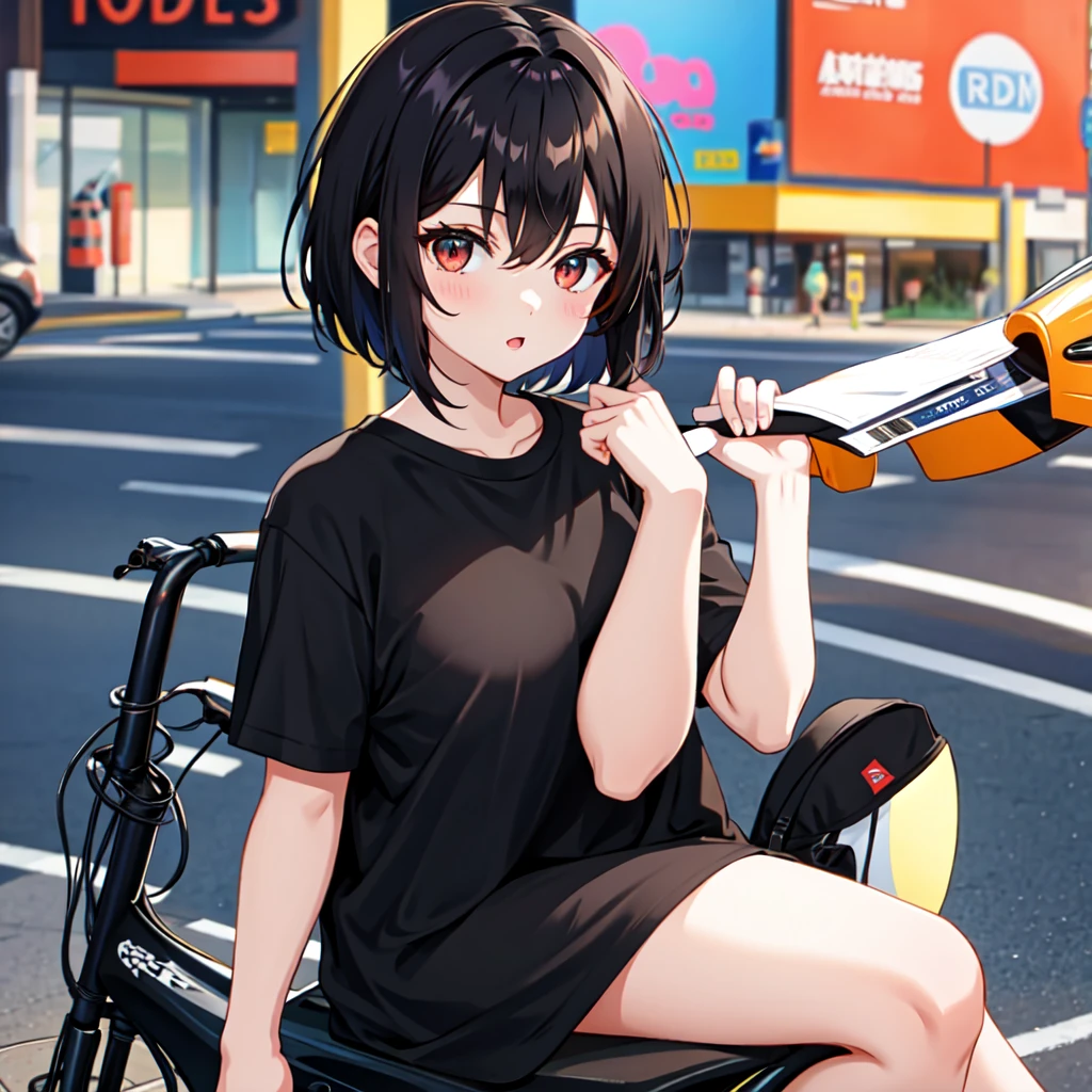 Girl with dark short hair, in a black T-shirt