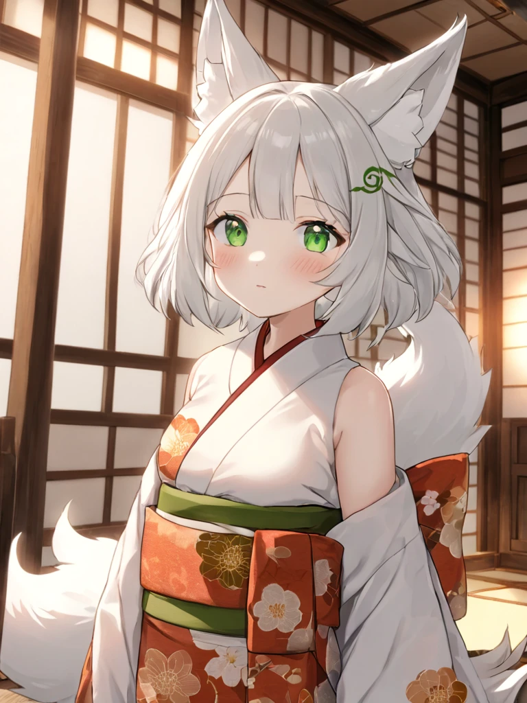 high_quality, 4k, masterpiece, 1girl, solo, shoulder-length graying hair, green eyes, elderly, old_lady, oba-san, nine-tailed Kitsune, Kimono dress, light blush, fair-skinned, looking_at_viewer, indoors