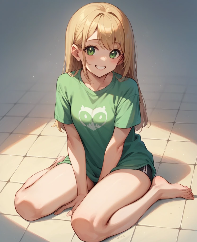 Indian 3 cute girl wearing green t-shirts and micro panty seating in floor and smiling