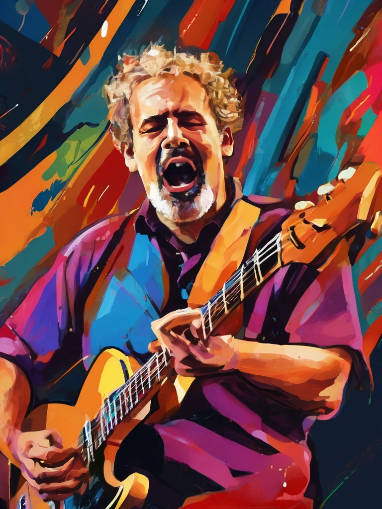 Portrait of a musician, Vibrant colors, Realistic lighting, Detailed Instruments, Expressive face, Hilarious background, Dynamic Synthesis, professional, concert atmosphere, Passion, Artistic performances, Energetic gestures, Note, With rhythm, High-quality sound, Emotional connection, Charming melody, Powerful singing voice, Melodic Improvisation, Rhythm Groove, affectionate expression