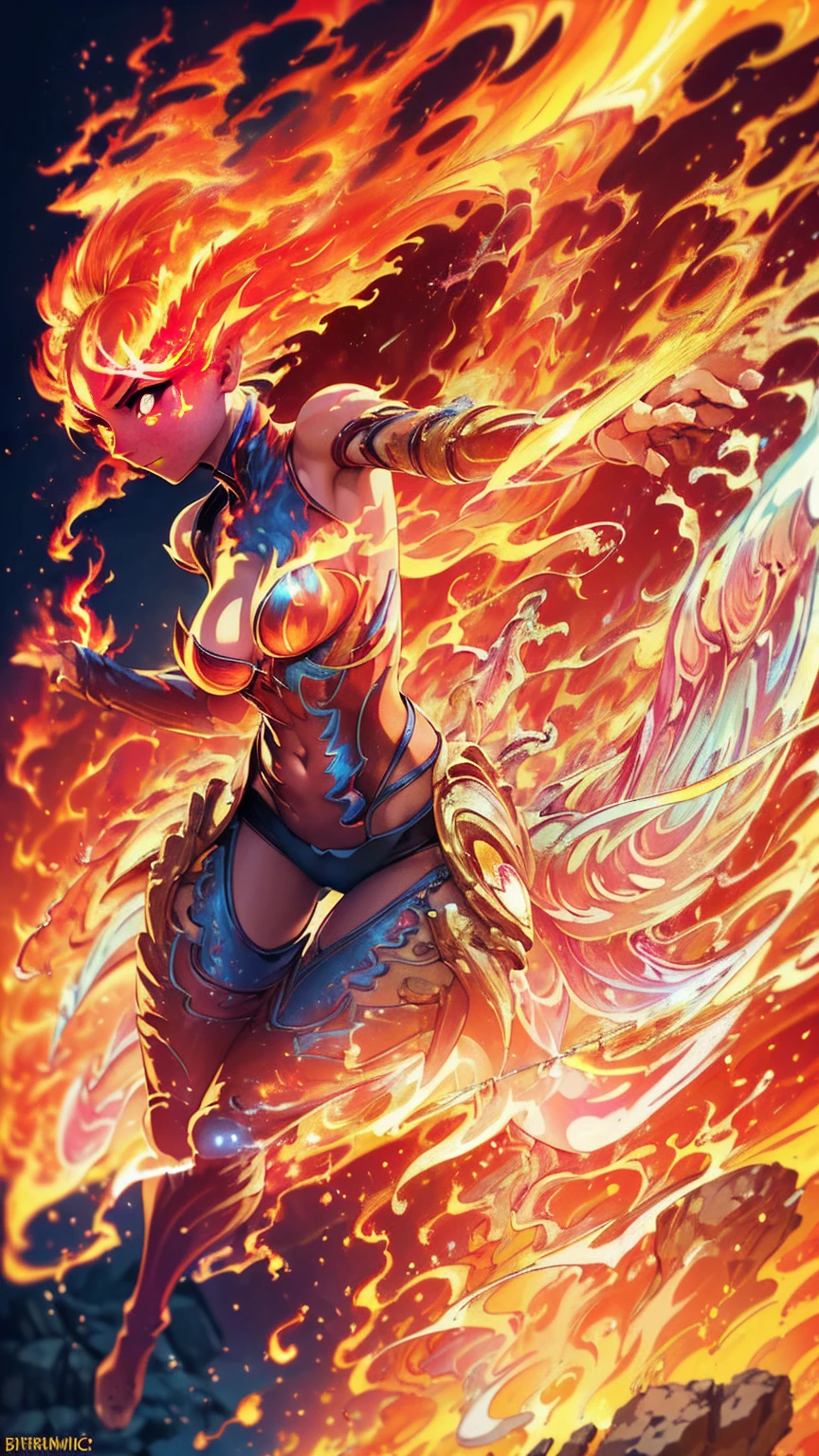 Fantasyart、(top-quality、​masterpiece:1.2)、ultra-detailliert、(photoRealstic:1.1)、(sharp focus)、(A female spirit of melted flame that burns bright red:1.5)、(full body Esbian:1.4)、Detailed Molten Fire Elemental、(Red and Yellow Blue Flame:1.5)、Being in a fantasy world。Fructal art of flame、kindly smile、beautiful face、A detailed face、perfectly proportions、big breasts、busty, curvy hips、navel、buttock、Crotch gap、thighs thighs thighs thighs、(Dynamic Poses:1.5)、Steampunk style、Detail Master 2、steampunc、Movie girl、Girl melts、