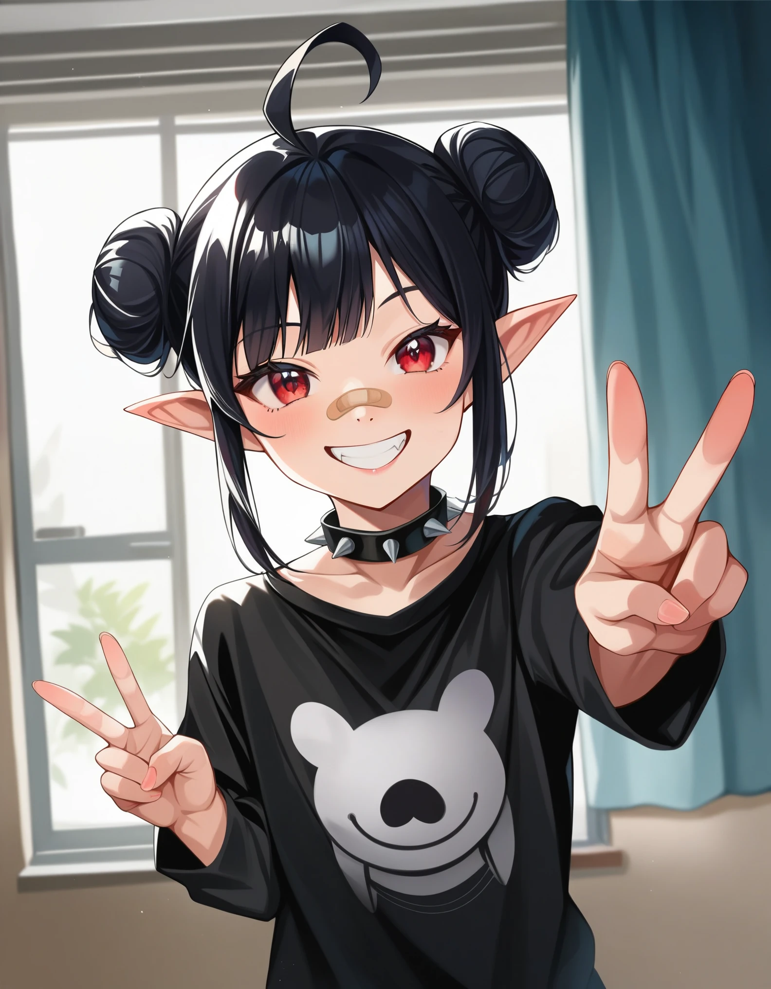 source_anime,P4ndora_PS,1girl,red eyes,double bun,black hair,v,wings,hair bun,spikes,pointy ears,smile,spiked collar,looking at viewer,bandaid on face,bandaid on nose,ahoge,spiked choker,shiny,bangs,standing,sweater,fang,indoors,sleeves past wrists,white thighhighs,
score_9,score_8_up,score_7_up,RAW,soft light,highly detailed,detailed skin,depth of field,film grain,traditional media,(real life photo:1.3),dramatic lighting,motion blur,reddit,film grain,