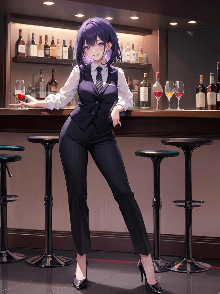 purple,High cut layered hair,woman,bartender,vest,shirt,tie,pants,high heels,all,simple background,smile,whole body,full body,full body,Standing picture,vtuber,upright,,look forward to,body facing forward