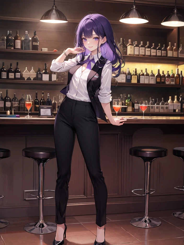 purple,High cut layered hair,woman,bartender,vest,shirt,tie,pants,high heels,all,simple background,smile,whole body,full body,full body,Standing picture,vtuber,upright,,look forward to,body facing forward