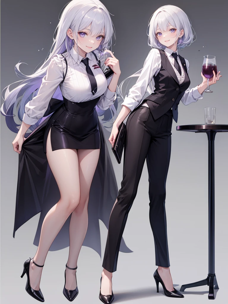 purple,High cut layered hair,woman,bartender,vest,shirt,tie,pants,high heels,all,simple background,smile,whole body,full body,full body,Standing picture,vtuber,upright,,look forward to,body facing forward