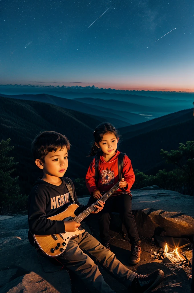 Boy and girl play gitar on mountain in night
