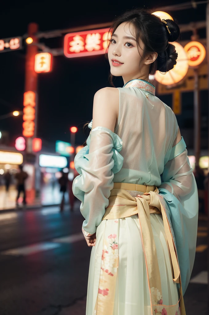 (((best quality))),(((ultra detailed))),(((masterpiece))),illustration,1girl,bun hair,(see through gauze hanbok:1.3),collar,slim,laughing, summer night,Korean city scape, street, neon signs, beautiful, vibrant, detailed facial features,medium hair, elegance, cultural atmosphere, bustling city,tall buildings full of colorful advertisements, reflections, lively atmosphere, street food aroma,upper body,from back,(shoulder off,bare back,towering hips,butt crack)