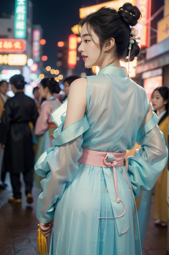 (((best quality))),(((ultra detailed))),(((masterpiece))),illustration,1girl,bun hair,(see through gauze hanbok:1.3),collar,slim,laughing, summer night,Korean city scape, street, neon signs, beautiful, vibrant, detailed facial features,medium hair, elegance, cultural atmosphere, bustling city,tall buildings full of colorful advertisements, reflections, lively atmosphere, street food aroma,upper body,from back,(shoulder off,bare back,towering hips,butt crack)