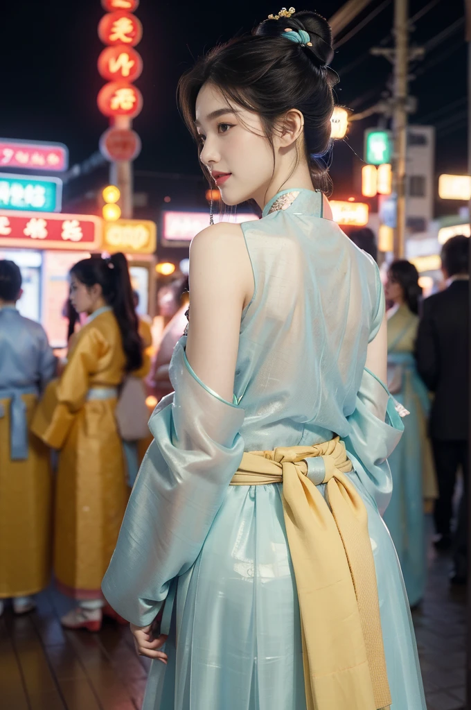 (((best quality))),(((ultra detailed))),(((masterpiece))),illustration,1girl,bun hair,(see through gauze hanbok:1.3),collar,slim,laughing, summer night,Korean city scape, street, neon signs, beautiful, vibrant, detailed facial features,medium hair, elegance, cultural atmosphere, bustling city,tall buildings full of colorful advertisements, reflections, lively atmosphere, street food aroma,upper body,from back,(shoulder off,bare back,towering hips,butt crack)