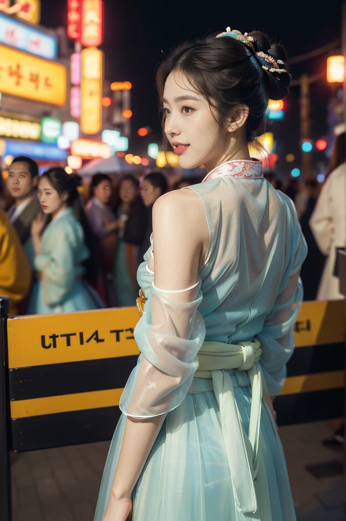 (((best quality))),(((ultra detailed))),(((masterpiece))),illustration,1girl,bun hair,(see through gauze hanbok:1.3),collar,slim,laughing, summer night,Korean city scape, street, neon signs, beautiful, vibrant, detailed facial features,medium hair, elegance, cultural atmosphere, bustling city,tall buildings full of colorful advertisements, reflections, lively atmosphere, street food aroma,upper body,from back,(shoulder off,bare back,towering hips,butt crack)