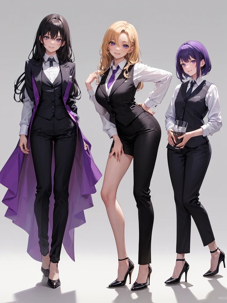 purple,High cut layered hair,woman,bartender,vest,shirt,tie,pants,high heels,all,simple background,smile,whole body,full body,full body,Standing picture,vtuber,upright,,look forward to,body facing forward