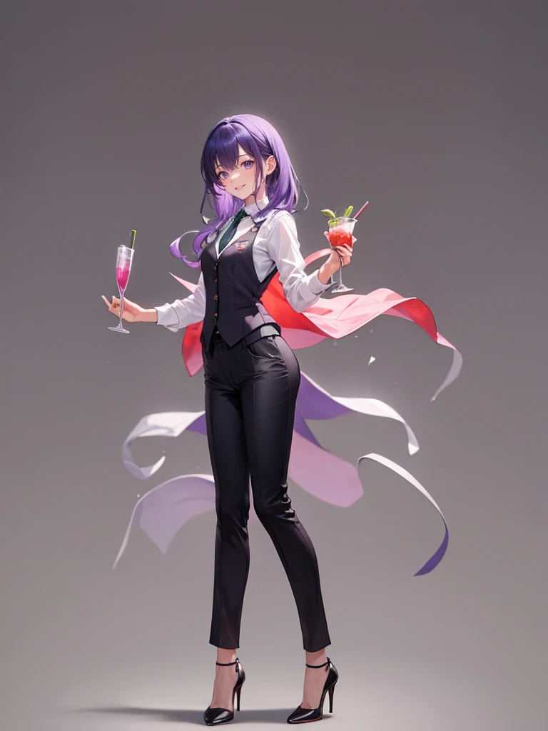 purple,High cut layered hair,woman,bartender,vest,shirt,tie,pants,high heels,all,simple background,smile,whole body,full body,full body,Standing picture,vtuber,upright,,look forward to,body facing forward