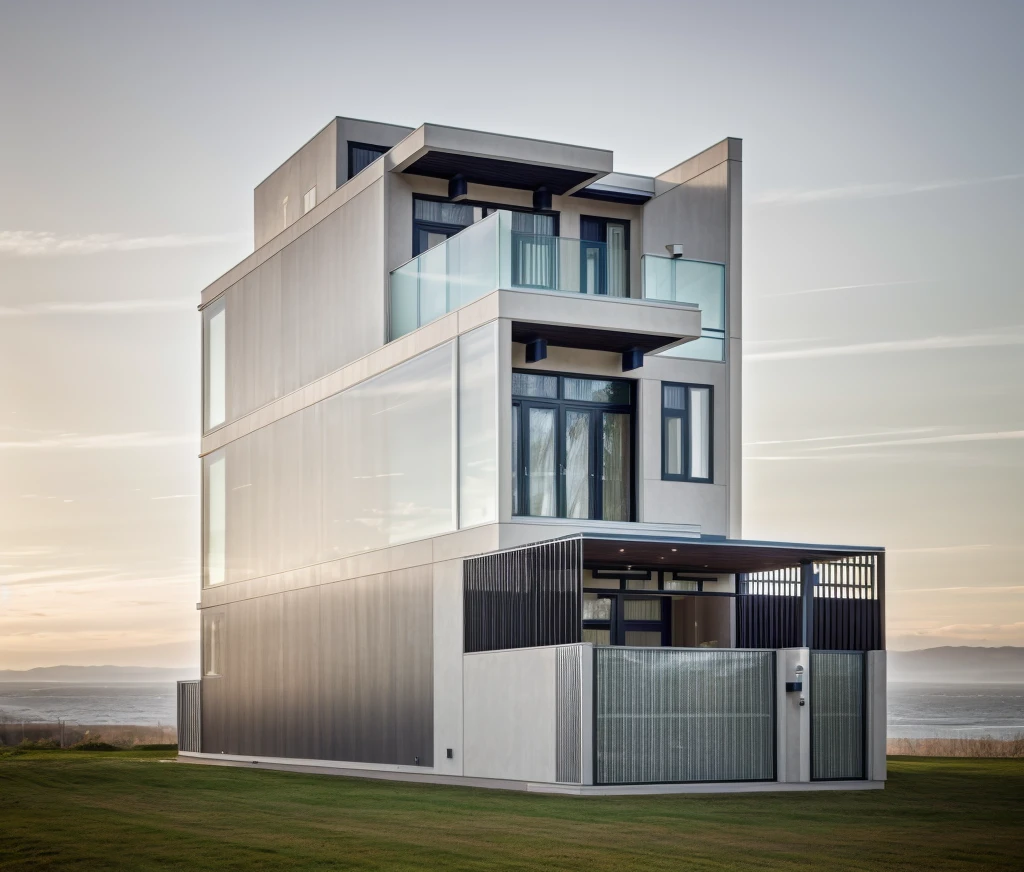 house exterior contemporary style, modernism, glass doors and windows,black metal rail, conwood ceilling, masterpiece, highquality, realistic photo, canon eos 5D mark, natural light, 