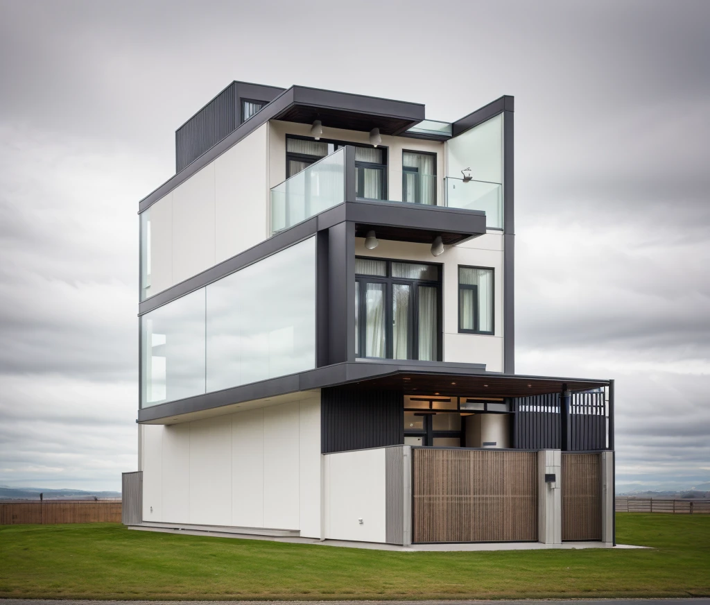 house exterior contemporary style, modernism, glass doors and windows,black metal rail, conwood ceilling, masterpiece, highquality, realistic photo, canon eos 5D mark, natural light,