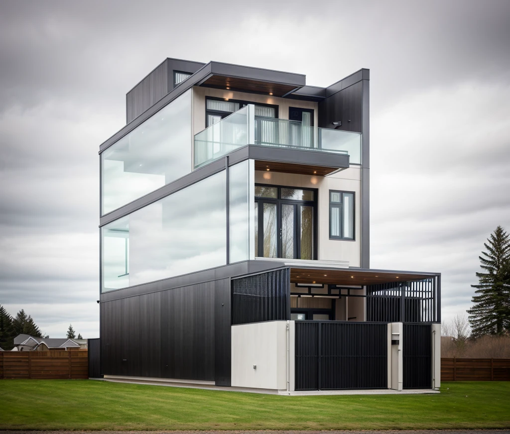 house exterior contemporary style, modernism, glass doors and windows,black metal rail, conwood ceilling, masterpiece, highquality, realistic photo, canon eos 5D mark, natural light, 