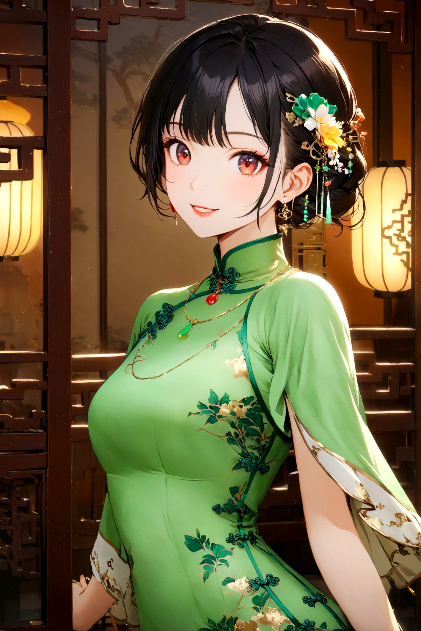 1girl, solo, looking at viewer, smile, black hair, hair ornament, dress, jewelry, upper body, earrings, indoors, necklace, chinese clothes, green dress