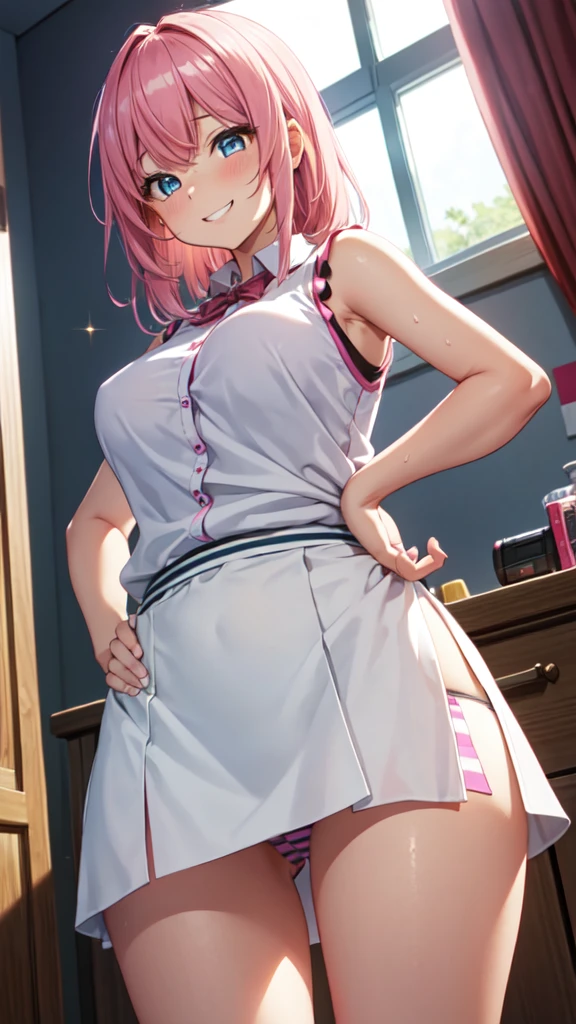 (High quality, High resolution, Fine details), (Male student's bedroom), BREAK (Horizontally striped panties), Panty shot, BREAK (sleeveless shirts), (mini skirt), hands on hips, View from below, solo, curvy women, pink hair, sparkling eyes, (Detailed eyes:1.2), grin, blush, Sweat, Oily skin, shallow depth of field, bokeh