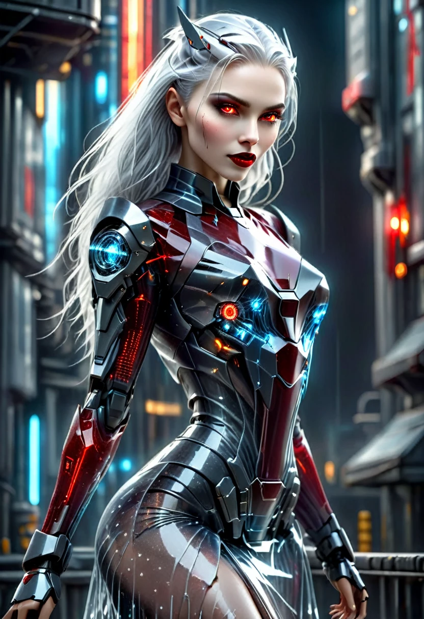 ((a photorealistic glamour shot of an exquisite, glamour mecha female vampire: 1.5)), ((full body: 1.3)), ultra feminine, pale face, silver hair, long vibrant shiny hair, glamorous hair,  red eyes, miniatures mechanical , deep penetrating eyes, red lips, lustful lips, ((two visible vampiric fangs: 1.5), drops of blood dripping from the mouth, ((cyberpunk style: 1.5)), she wears (blue elegant glamour dress, with small delicate mechanical parts: 1.4), digital parts,  intricate details, the dress is studded with diamonds, tight suit, dynamic color, high heels, cyberpunk street at night background, (highest quality:1.2, Very detailed, up to date, Vibrant, Ultra-high resolution, High Contrast, masterpiece:1.2, highest quality, Best aesthetics), best details, best quality, highres, ultra wide angle, 16k, [ultra detailed], masterpiece, best quality, (extremely detailed), Genetically modified..., Cinematic Hollywood Film, nijimecha, liquid dress, cybrk