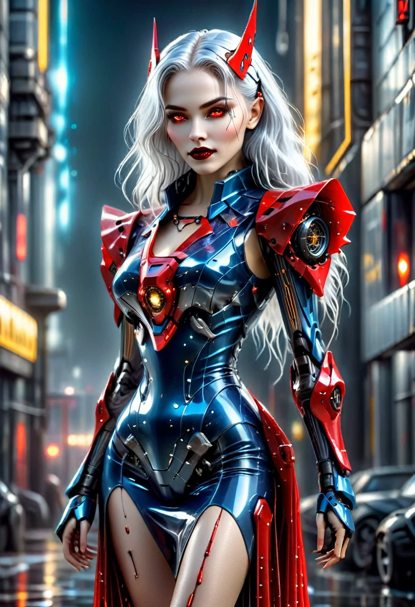 ((a photorealistic glamour shot of an exquisite, glamour mecha female vampire: 1.5)), ((full body: 1.3)), ultra feminine, pale face, silver hair, long vibrant shiny hair, glamorous hair,  red eyes, miniatures mechanical , deep penetrating eyes, red lips, lustful lips, ((two visible vampiric fangs: 1.5), drops of blood dripping from the mouth, ((cyberpunk style: 1.5)), she wears (blue elegant glamour dress, with small delicate mechanical parts: 1.4), digital parts,  intricate details, the dress is studded with diamonds, tight suit, dynamic color, high heels, cyberpunk street at night background, (highest quality:1.2, Very detailed, up to date, Vibrant, Ultra-high resolution, High Contrast, masterpiece:1.2, highest quality, Best aesthetics), best details, best quality, highres, ultra wide angle, 16k, [ultra detailed], masterpiece, best quality, (extremely detailed), Genetically modified..., Cinematic Hollywood Film, nijimecha, liquid dress, cybrk