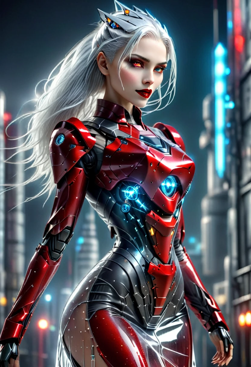 ((a photorealistic glamour shot of an exquisite, glamour mecha female vampire: 1.5)), ((full body: 1.3)), ultra feminine, pale face, silver hair, long vibrant shiny hair, glamorous hair,  red eyes, miniatures mechanical , deep penetrating eyes, red lips, lustful lips, ((two visible vampiric fangs: 1.5), drops of blood dripping from the mouth, ((cyberpunk style: 1.5)), she wears (blue elegant glamour dress, with small delicate mechanical parts: 1.4), digital parts,  intricate details, the dress is studded with diamonds, tight suit, dynamic color, high heels, cyberpunk street at night background, (highest quality:1.2, Very detailed, up to date, Vibrant, Ultra-high resolution, High Contrast, masterpiece:1.2, highest quality, Best aesthetics), best details, best quality, highres, ultra wide angle, 16k, [ultra detailed], masterpiece, best quality, (extremely detailed), Genetically modified..., Cinematic Hollywood Film, nijimecha, liquid dress, cybrk