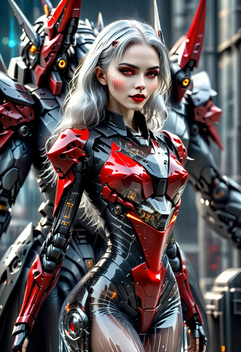 ((a photorealistic glamour shot of an exquisite, glamour mecha female vampire: 1.5)), ((full body: 1.3)), ultra feminine, pale face, silver hair, long vibrant shiny hair, glamorous hair,  red eyes, miniatures mechanical , deep penetrating eyes, red lips, lustful lips, ((two visible vampiric fangs: 1.5), drops of blood dripping from the mouth, ((cyberpunk style: 1.5)), she wears (blue elegant glamour dress, with small delicate mechanical parts: 1.4), digital parts,  intricate details, the dress is studded with diamonds, tight suit, dynamic color, high heels, cyberpunk street at night background, (highest quality:1.2, Very detailed, up to date, Vibrant, Ultra-high resolution, High Contrast, masterpiece:1.2, highest quality, Best aesthetics), best details, best quality, highres, ultra wide angle, 16k, [ultra detailed], masterpiece, best quality, (extremely detailed), Genetically modified..., Cinematic Hollywood Film, nijimecha, liquid dress, cybrk