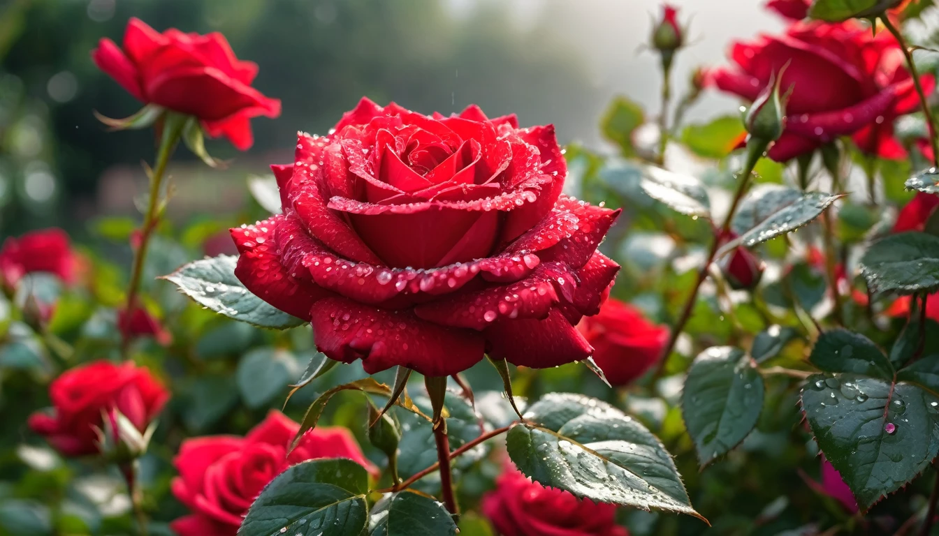 shot by sony a7iv lens 80mm f1.8, Many red color rose flowers in the garden and sunlight with bokeh, dew drops on flower petals,automatic optional scene (masterpiece, ultra quality, high resolution, 8k, intricate: 1.2), (masterpiece), (best quality:1)
