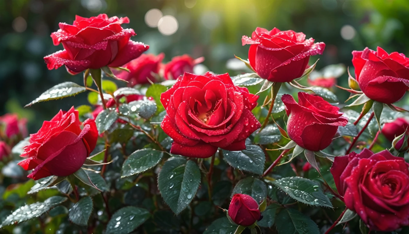 shot by sony a7iv lens 80mm f1.8, Many red color rose flowers in the garden and sunlight with bokeh, dew drops on flower petals,automatic optional scene (masterpiece, ultra quality, high resolution, 8k, intricate: 1.2), (masterpiece), (best quality:1)