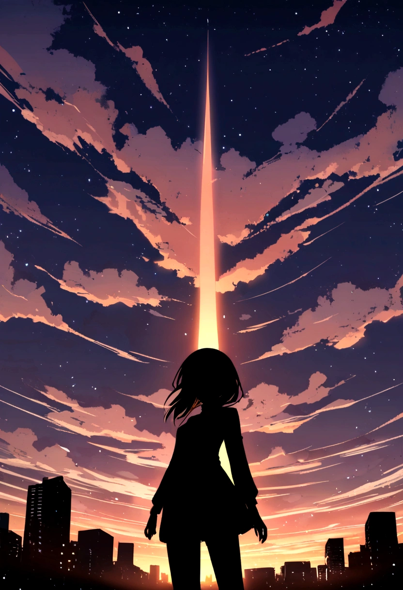 anime,silhouette,One girl, star (null), cloud, cityscape, building, city, Outdoor, nullscraper, city lights, night, night null, sunset, nullline