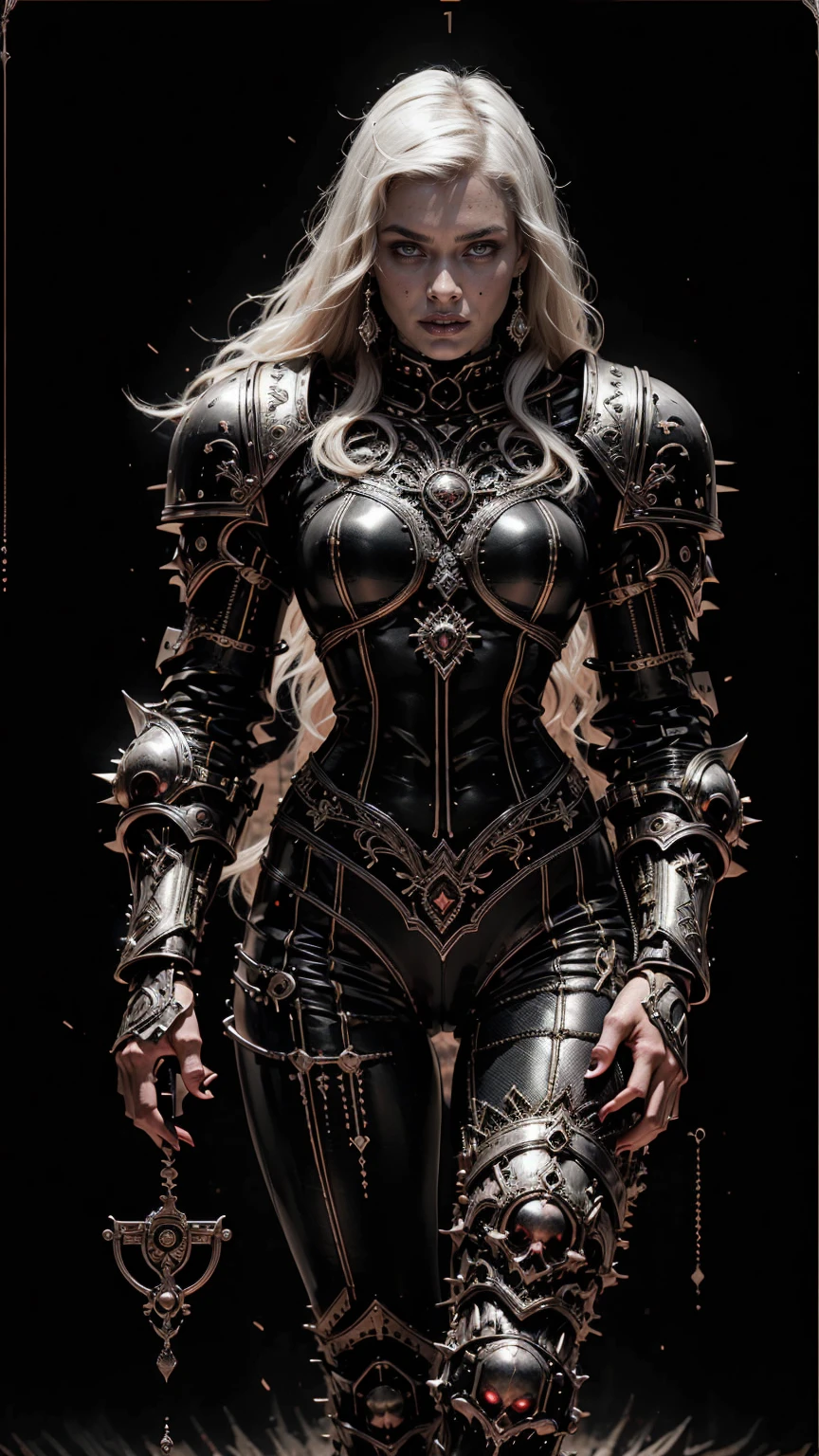 (masterpiece:1.1), (best quality:1.1), (ornate:1.1), (monochrome:1.3), (black and white:1.3), BREAK, (horror:1.0), (esoteric:1.1), (solo:1.4), (dynamic angle:1.0), (cowboy shot:1.0), (woman:1.1),(very muscular bodybuilder girl:1.25), (huge upper body:1.25), (narrow hips:1.0), long hair, (gothic intricate vampiric armor:1.25), ((full body front view)), (gauntlets:1.0), (shoulder armor:1.1), ((tarot style frame:1.45))