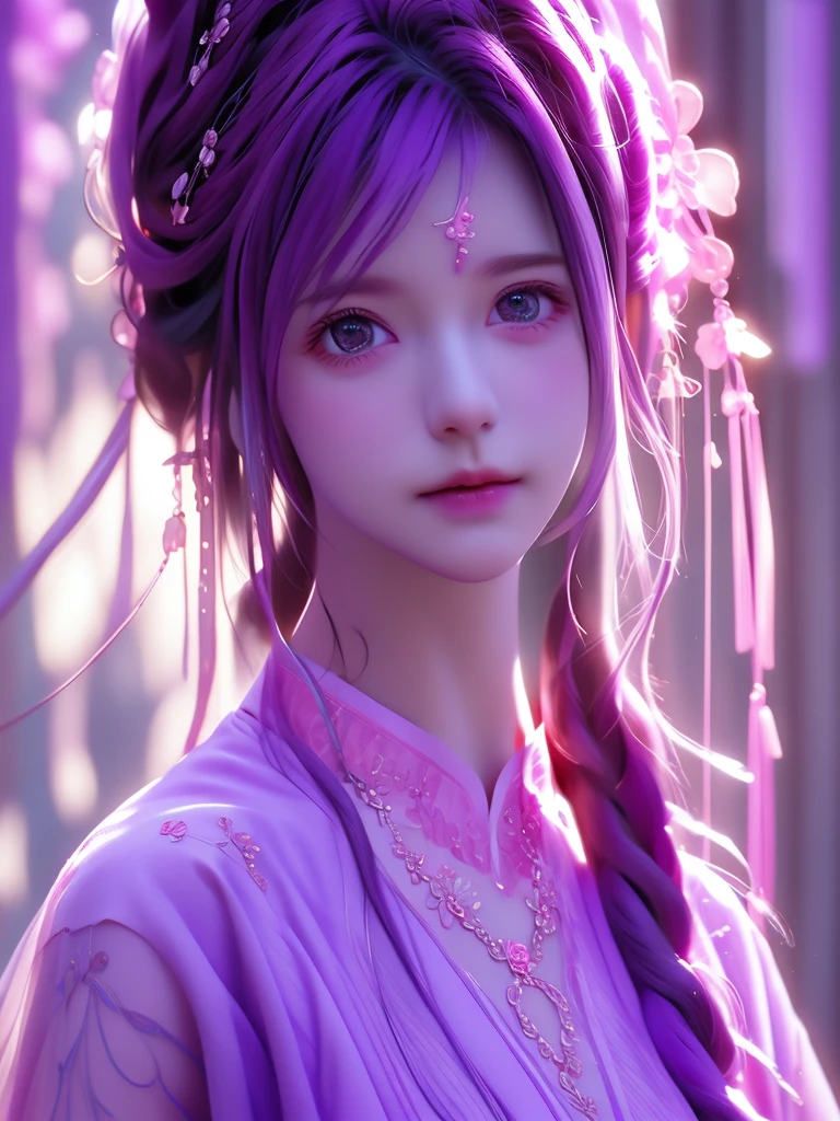 best quality, masterpiece, High target, 1 Girl, nude, Hair Decorationss, necklace, Decorations, Pretty Face, When the body, Tyndall effect, Realistic Portraits, Dark Studio, Edge lighting, Two-color light, (Very delicate skin:1.2), 8K uhd, Digital SLR Camera, Soft Light, high quality, Volumetric Lighting, Honest, photo, high resolution, 4K, 8K, Bokeh, Purple hair,pink hair tips, Pink Eyes.