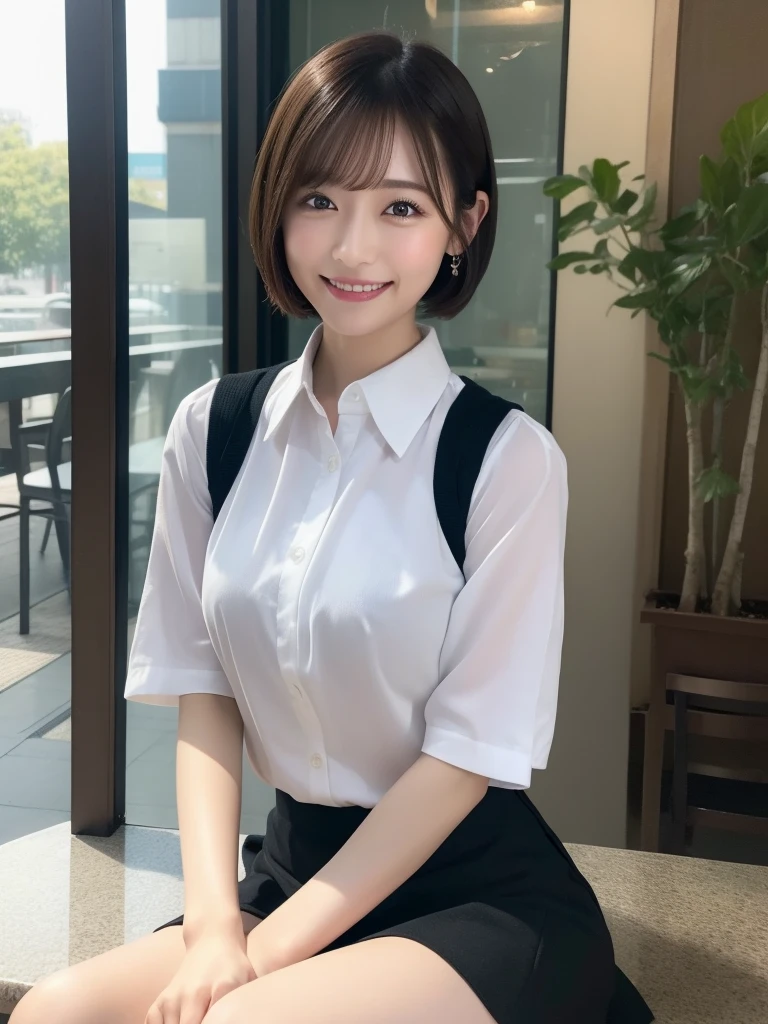 (8K、Raw photography、top-quality、​masterpiece:1.2)、(reallistic、Photorealsitic:1.37)、The ultra -The high-definition、1 girl in、cute little、solo、Beautiful sky、Detailed Cafe、natta、Sitting、date、(natural make up)、(A smile:1.1)、(Closed)、Colossal tits、beautidful eyes、(Wet collared shirt:1.1)、pleatedskirt、(short-hair:1.2)、Floating hair