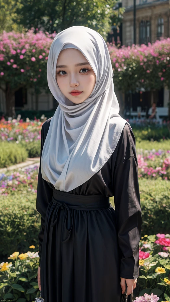 (a beautiful Turkish girl wearing a long hijab standing outdoors at night, highly detailed, realistic, 16k, masterpiece, high resolution, fit body, perfect eyes, pale skin, fair skin, perfect skin, outdoor, night time, night sky, low light, darkness, dark night, cold expression, cold pose, front view, wide-leg linen pants, ultra-delicate face, delicate eyes, double eyelids, half smile, beautiful and delicate photo)