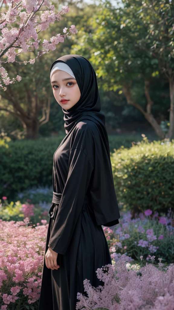 Muslim korean model girl in face veil/niqab covering her face, big boobs, fair skin, eyes are covered
