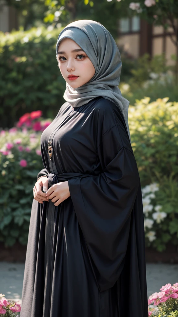 (realistic photos of Hijab Korean female, slightly smile,expressive eyes,eye makeup,flower garden background,standing posture,confident attitude,Eye-Level Shot, slightly blurry background,UHD,masterpiece:1.2,highres,16k), abaya