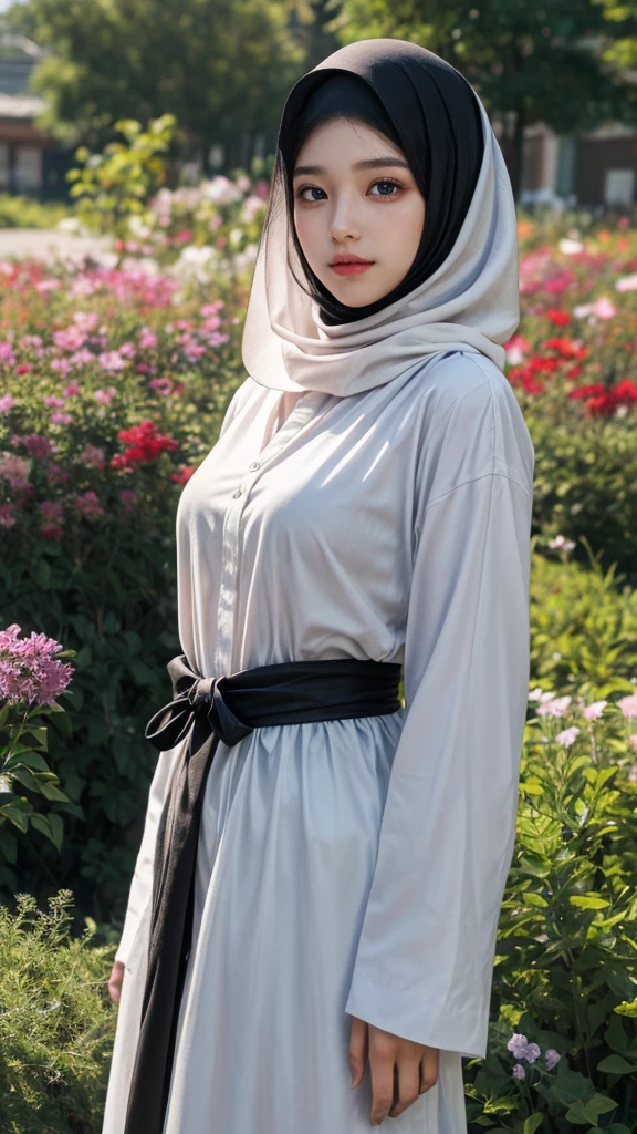 (realistic photos of Hijab Korean female, slightly smile,expressive eyes,eye makeup,flower garden background,standing posture,confident attitude,Eye-Level Shot, slightly blurry background,UHD,masterpiece:1.2,highres,16k), abaya