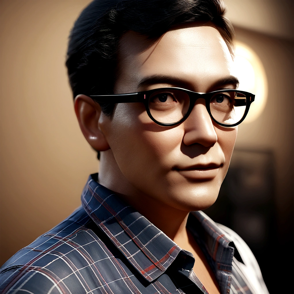 a close up of a man wearing glasses and a plaid shirt, inspired by Rudy Siswanto, cg artist, for hire 3d artist, 2 d render, photo render, professional render, realistic render, cg render, digital render, 3 d artist, realistic 3d render, realistic 3 d render, professional 3d render, photorender, highly detailed vfx portrait of